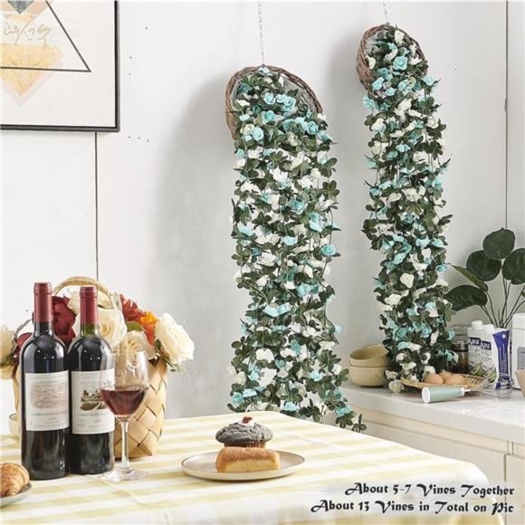 8 Pcs 66FT Flower Garland Artificial Rose Vine Flowers with Green Leaves Hanging - Picture 5 of 6